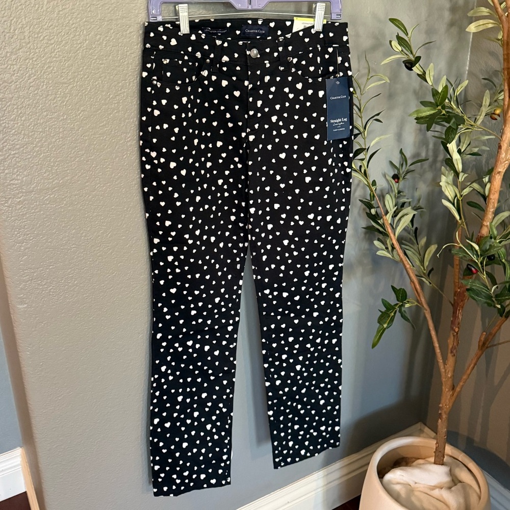 Charter Club Lexington Straight Leg Black and White Heart Pattern Jeans